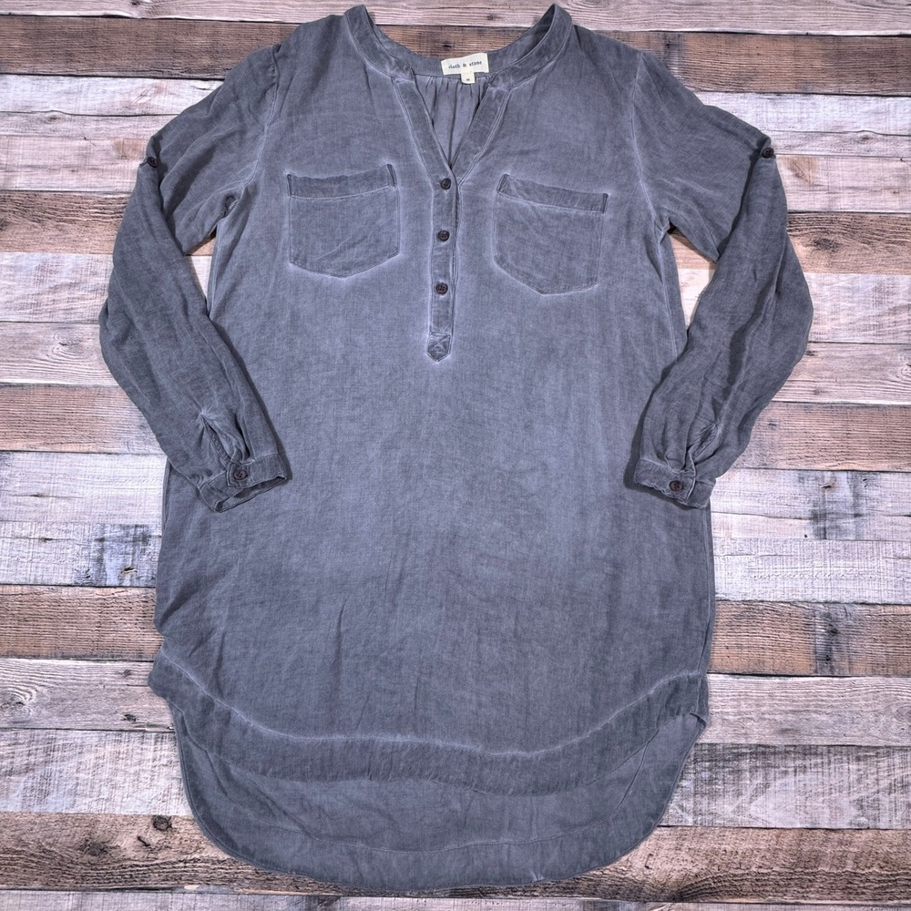 Cloth & Stone Anthropologie Gray Rayon Henley Tunic Top Roll Tab Sleeve Medium
